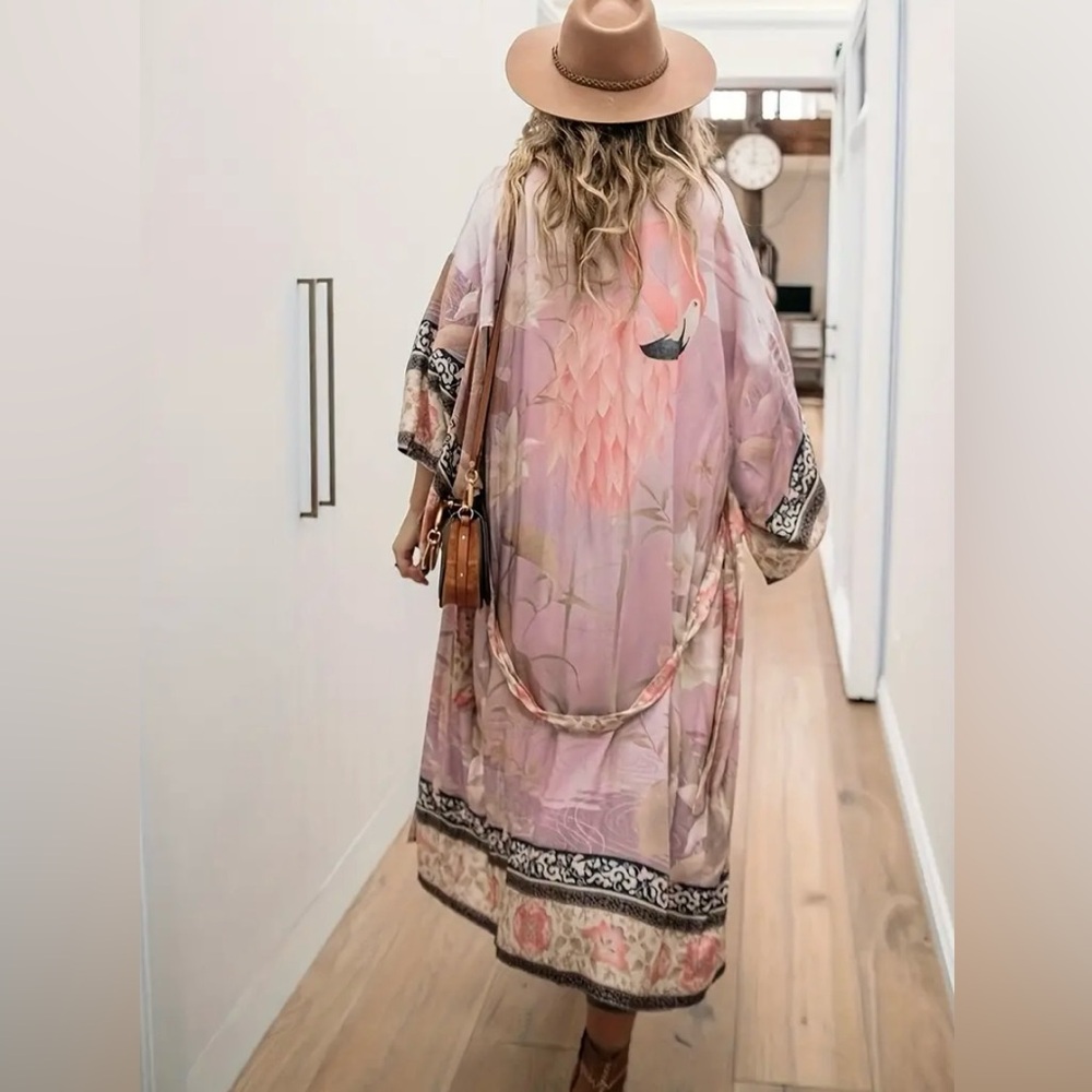 🦩🌴 Pink Flamingo Floral Kimono Swim Coverup ~ Brand New - Picture 6 of 17